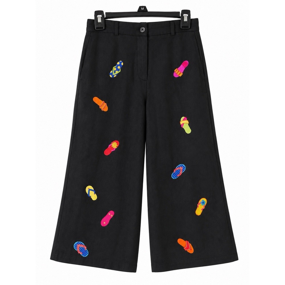 Mercer Madison Petite Black Linen Wide Leg Capri Pants Flip Flop Embroidery 10P